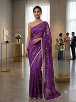 Load image into Gallery viewer, Satina Space Silk Saree x Gold Coins x Gold Lace Border : Purple
