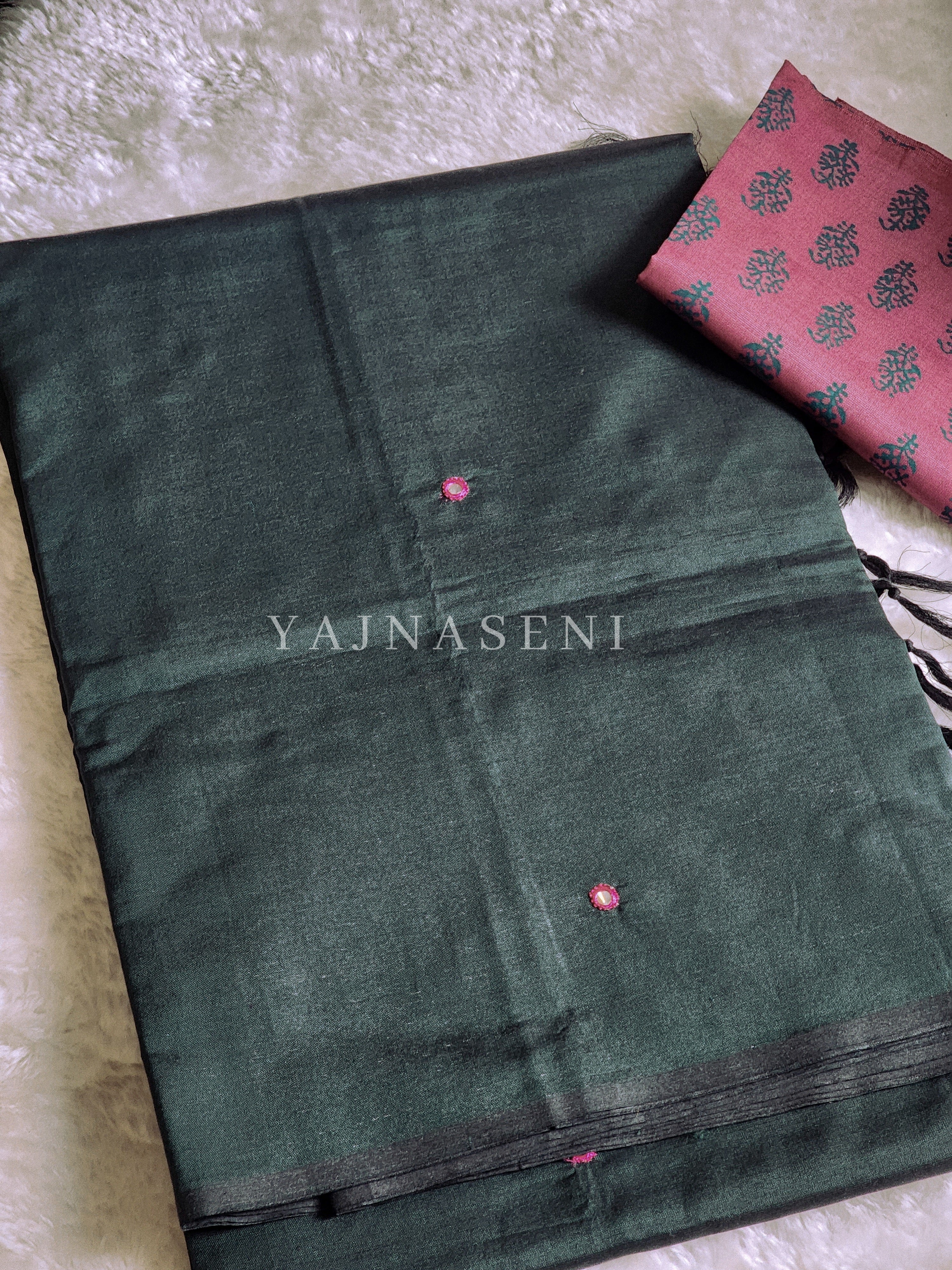Cotton x Mirror saree : Timber Green x Berry