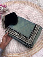 Load image into Gallery viewer, Tissue saree x Velvet Lace Border x Blouse - Metallic Ash Blue
