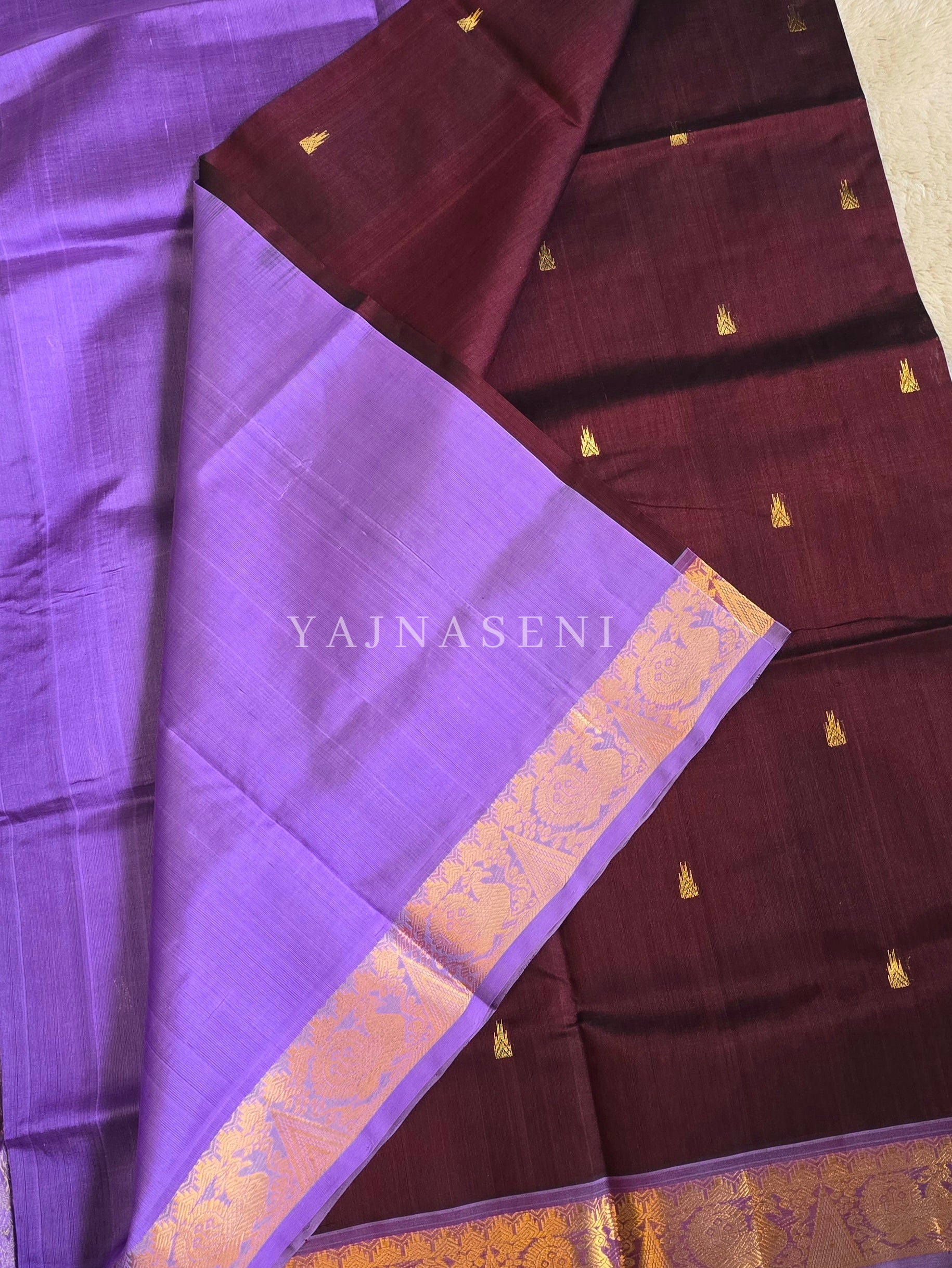 Handloom Kanchipuram Silk Cotton Saree : Dark Wine x Light Purple