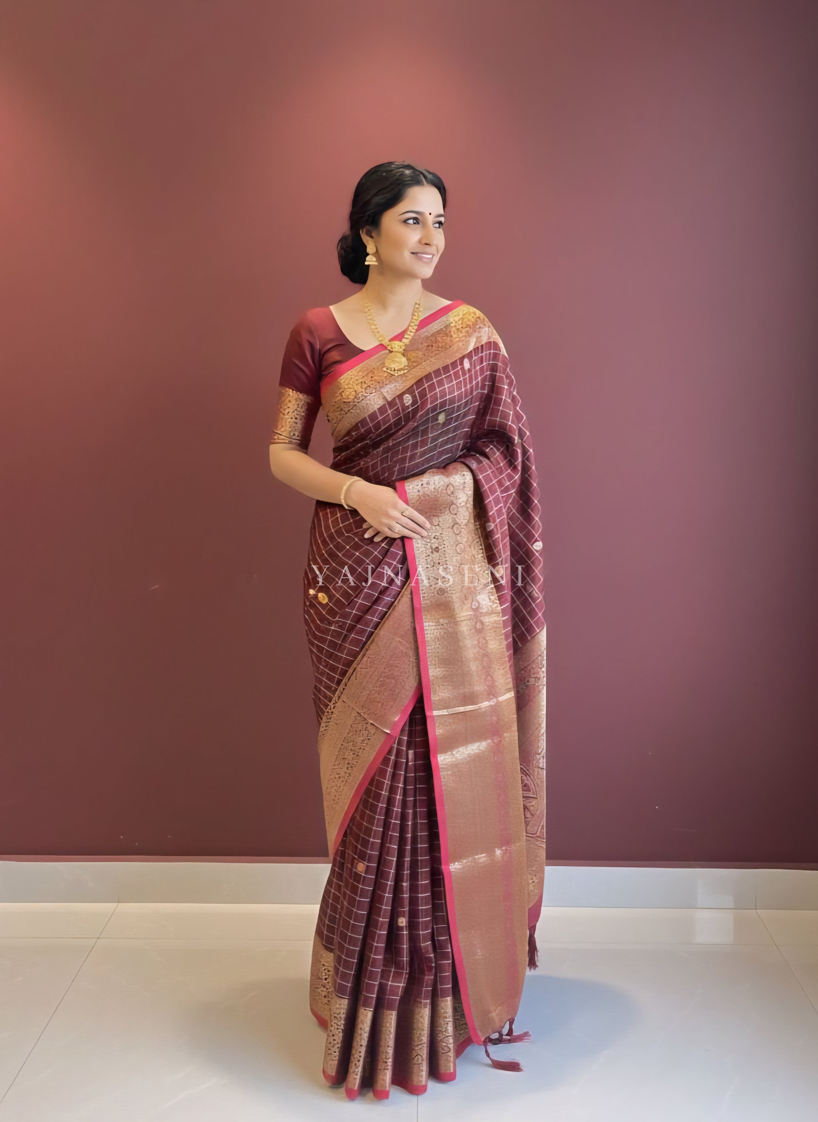 Semi Silk Saree x Checkered x Floral Motifs - Maroon