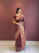 Load image into Gallery viewer, Semi Silk Saree x Checkered x Floral Motifs - Maroon
