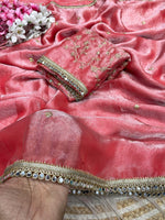 Load image into Gallery viewer, Satina Silk Saree x Embroidery blouse x Mirror Lace : Coral Pink
