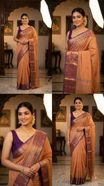 Load image into Gallery viewer, Kanchi Cotton Saree x Thin Border : Dark Peach x Purple
