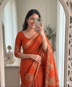 Load image into Gallery viewer, Blended Viscose Chinnon Silk Saree x Checkered x Elephant Border : Orange
