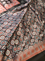 Load image into Gallery viewer, Printed Satin Ready Made Saree x Ajrakh Prints : Black x Blue x Wine
