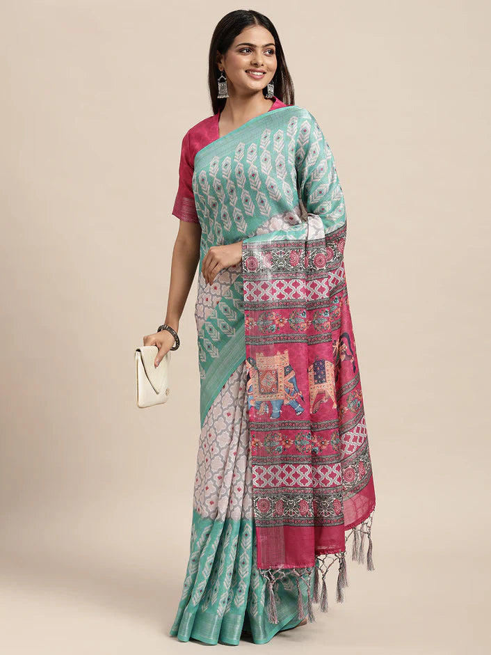 Linen Saree - Seafoam green x Multicolour
