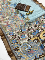 Load image into Gallery viewer, Semi Tussar Saree x Printed Kalamkari designs : Powder Blue x Brown
