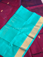 Load image into Gallery viewer, Handloom Kanchipuram Silk Cotton Saree : Merlot x Turquoise
