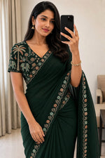 Load image into Gallery viewer, Georgette Saree x Floral x Elephant Sequins Blouse: Dark Green
