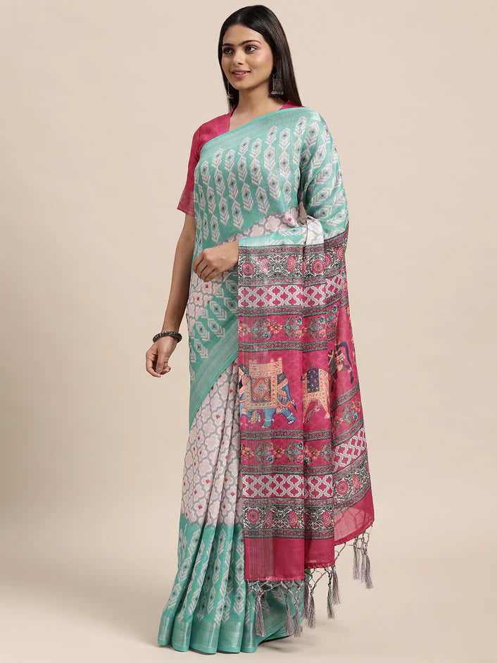 Linen Saree - Seafoam green x Multicolour