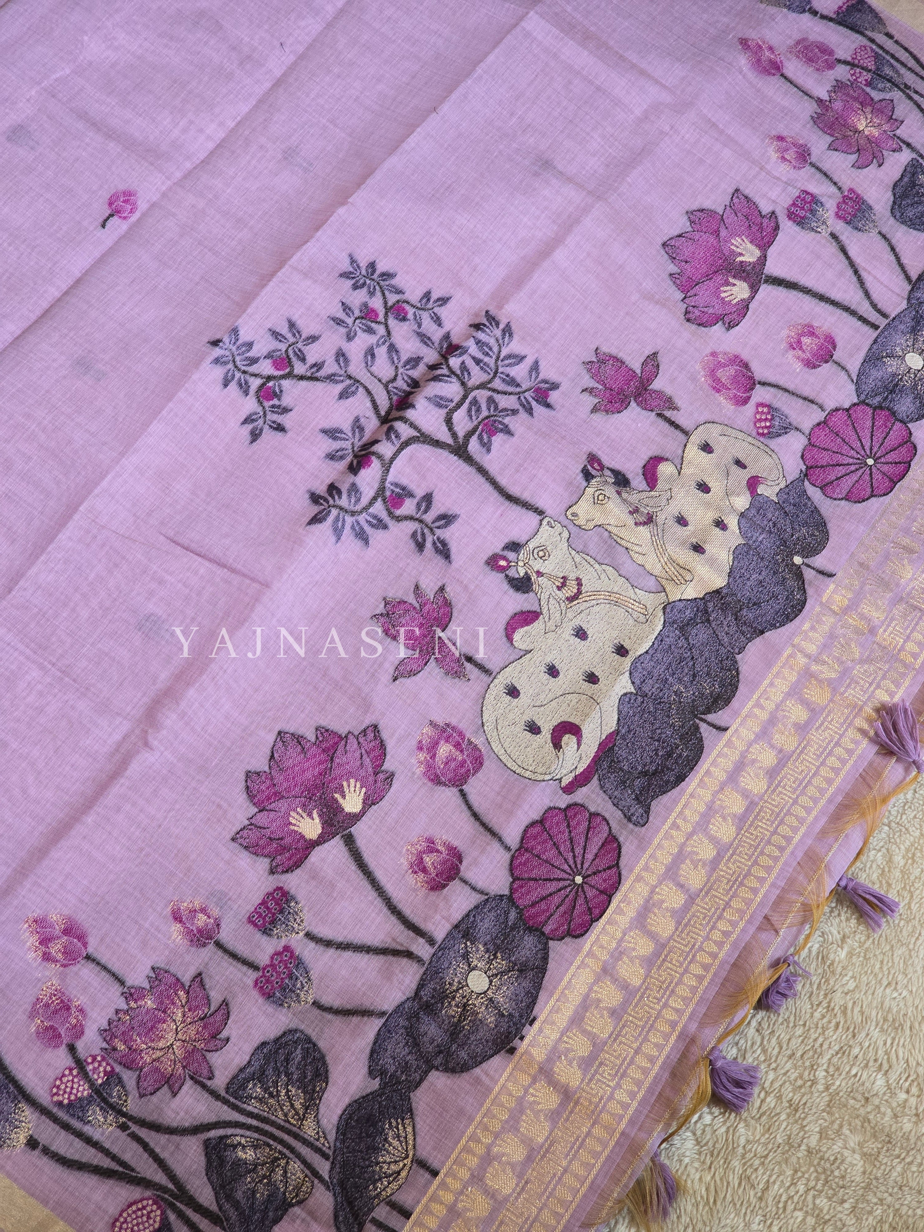Linen Cotton Saree x Pichwai Tales - Purple