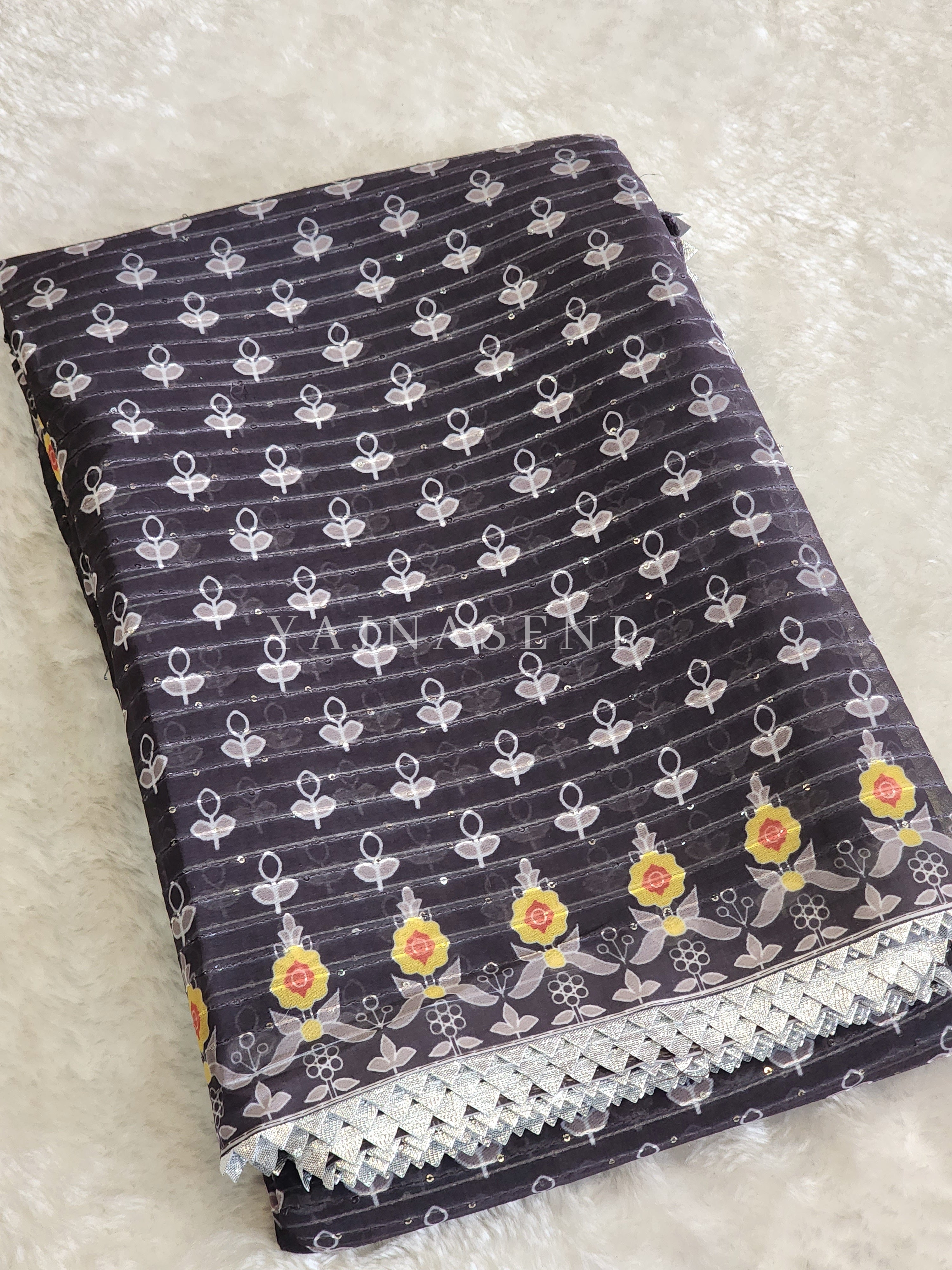 Sequins x Printed Georgette Saree - Black