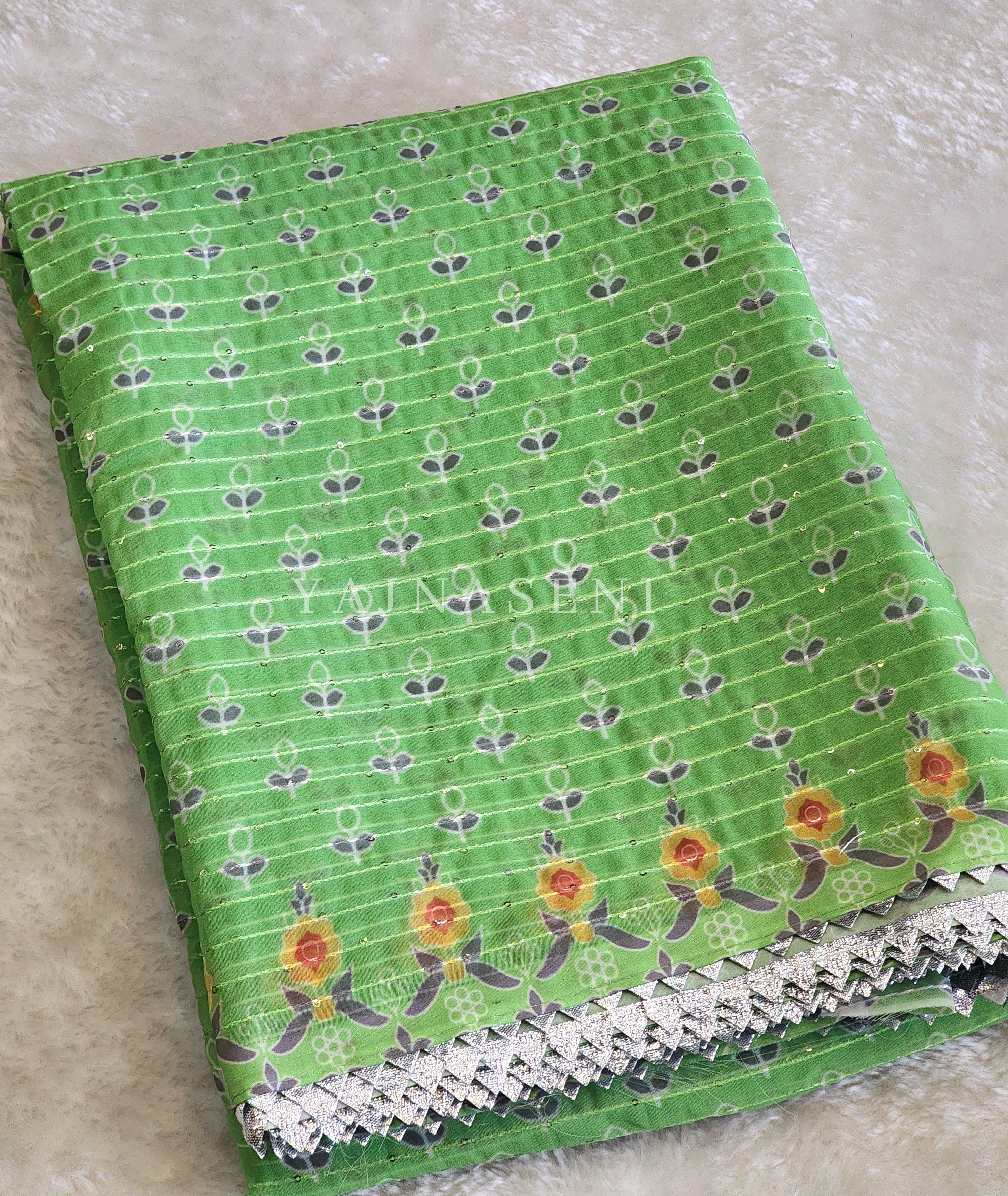 Sequins x Printed Georgette Saree - Lime