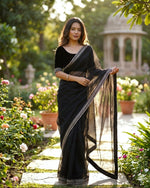 Load image into Gallery viewer, Tissue saree x Velvet Lace Border x Blouse - Black
