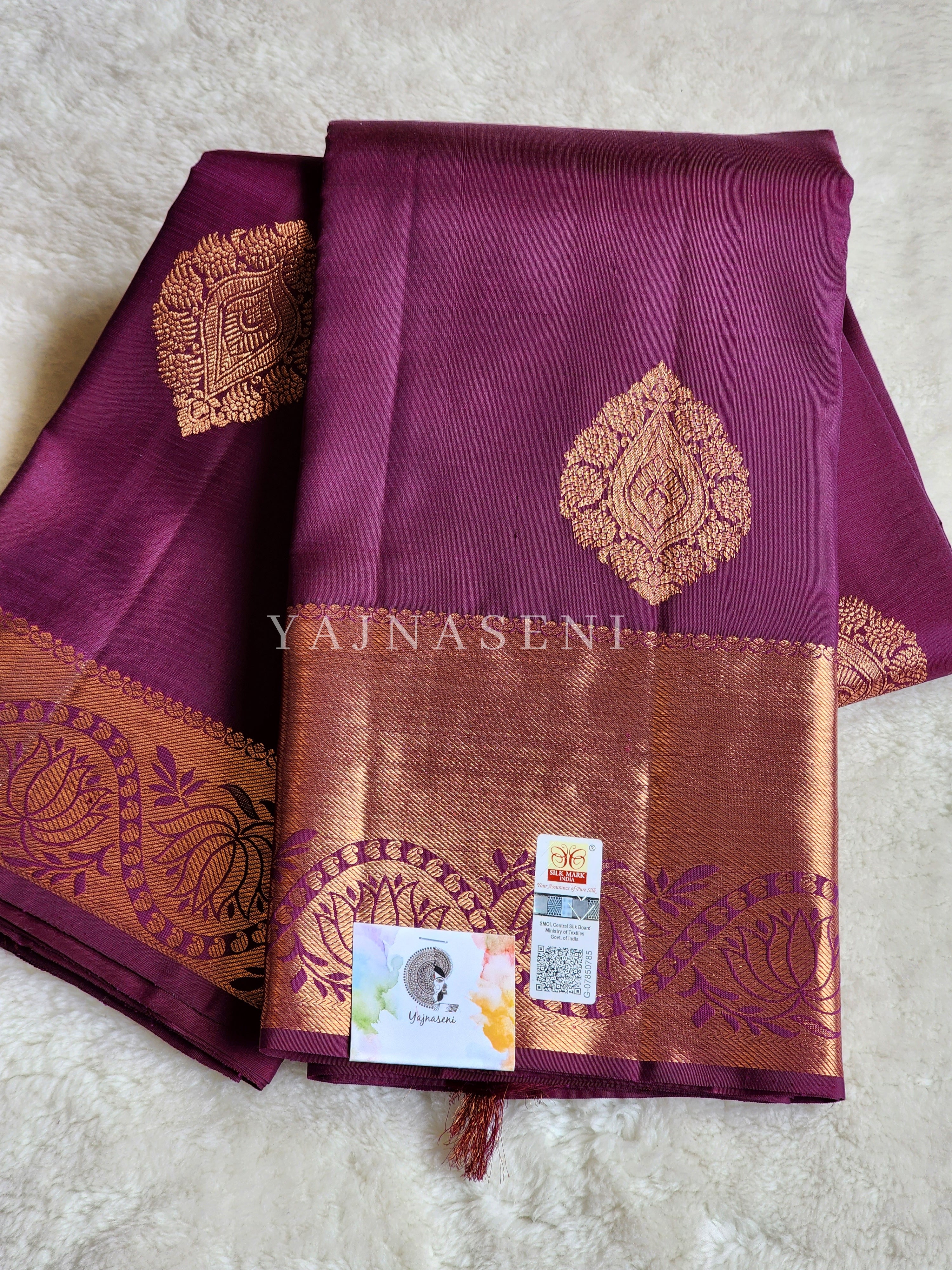 Plum - Pure Kanjivaram Silk Saree with Copper Zari