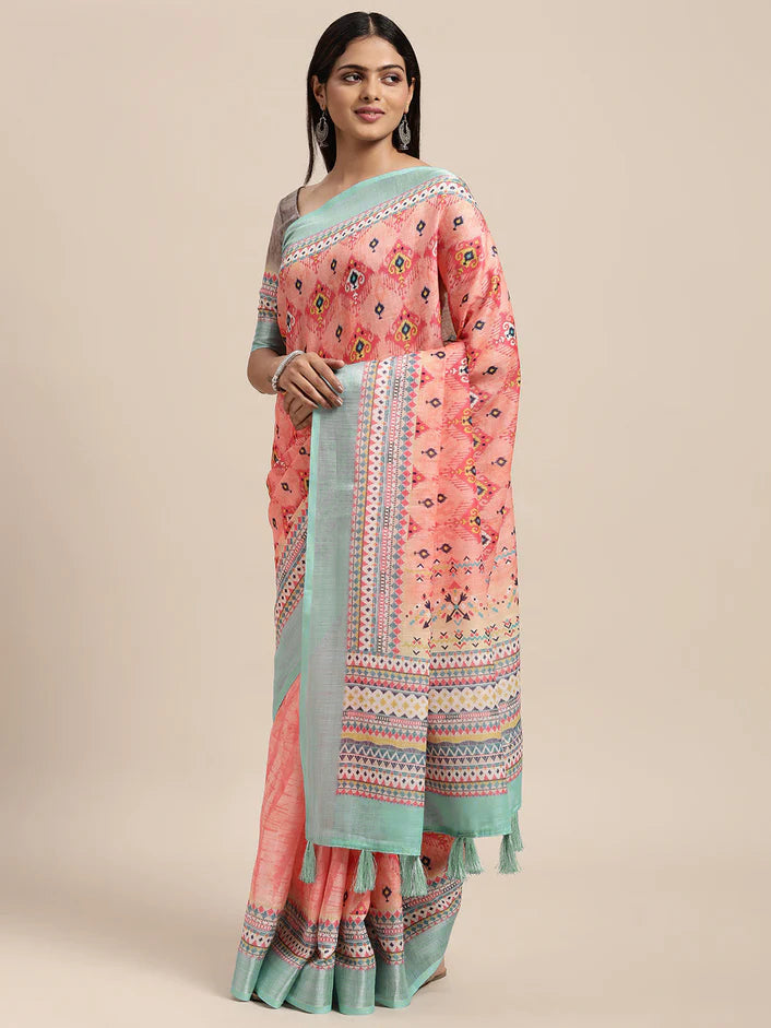 Linen Saree - Peach x Multicolour