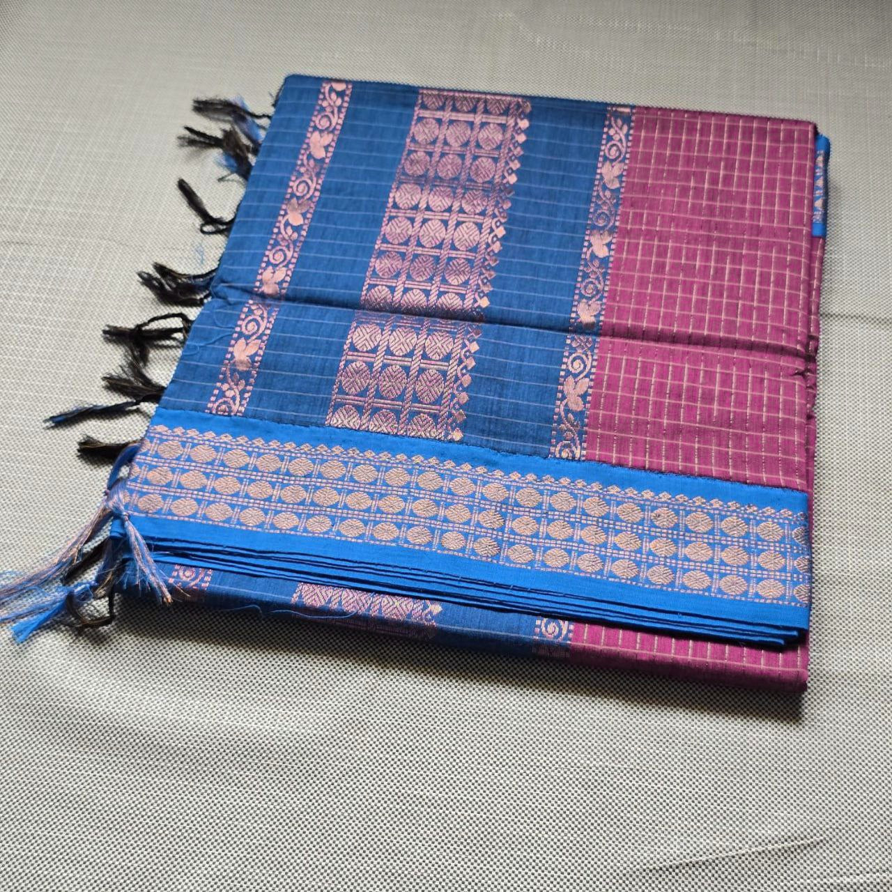 Kalyani Cotton Saree (checkered) - Copper Zari : Berry x Persian Blue x Sky
