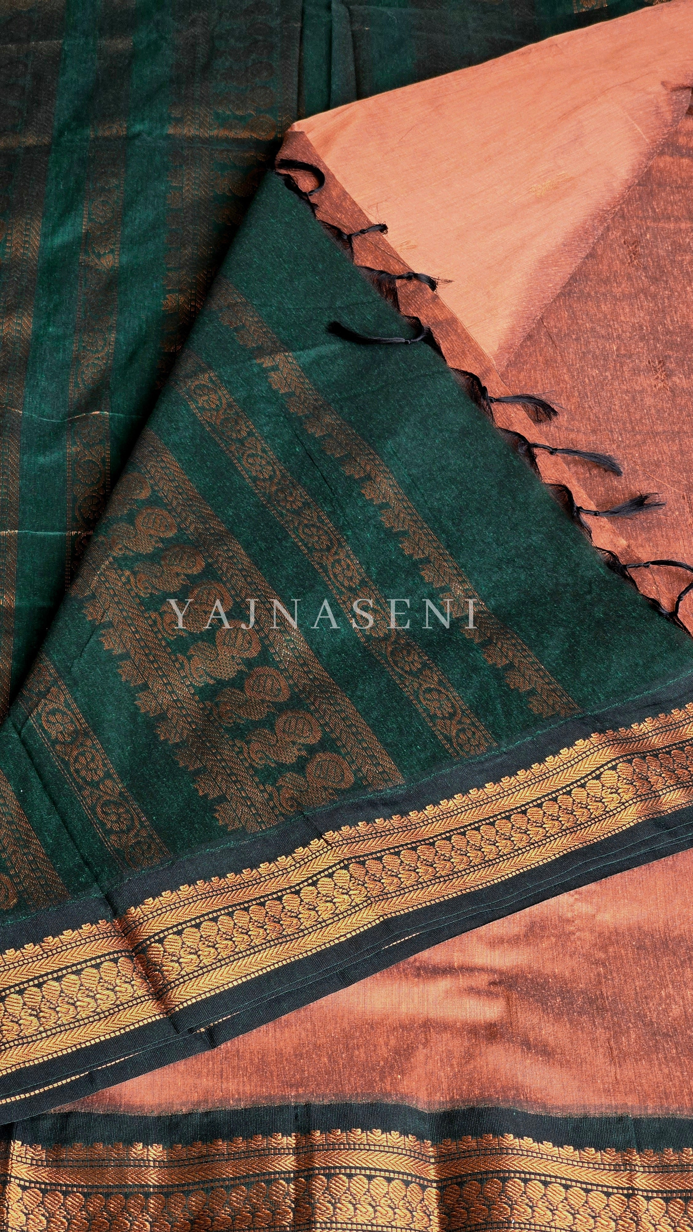 Kalyani Cotton Saree - Copper Zari : Dark Peach x Dark Green