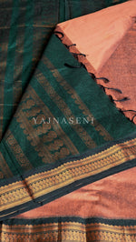 Load image into Gallery viewer, Kalyani Cotton Saree - Copper Zari : Dark Peach x Dark Green

