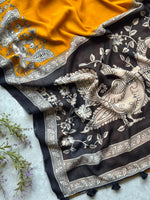 Load image into Gallery viewer, Cotton Linen Saree x Kalamkari Prints x Foil Mirrors : Dark Yellow x Black
