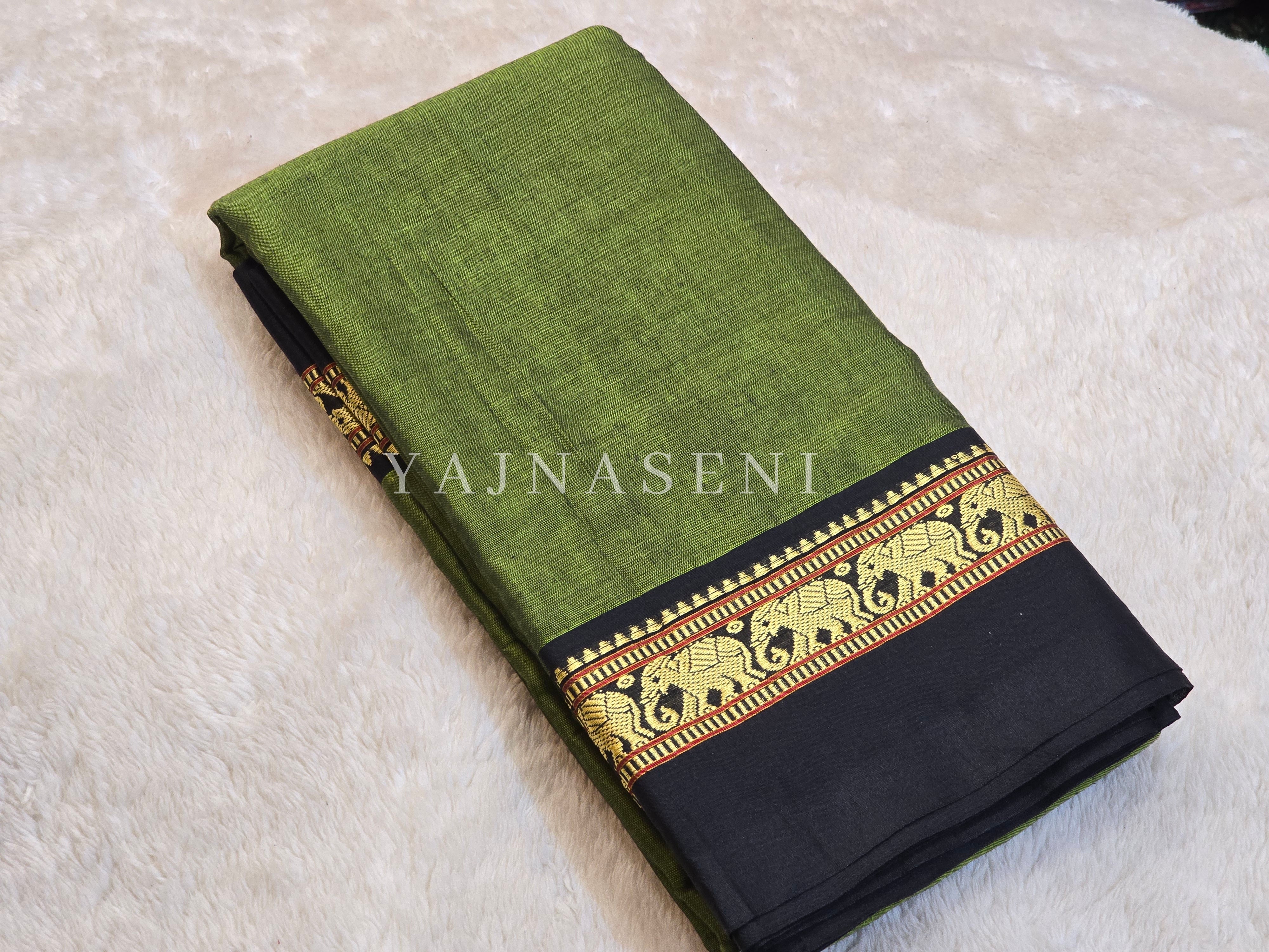 Narayanpet Mercerised Cotton Saree : Olive x Black