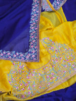 Load image into Gallery viewer, Chiffon Rangoli Semi Silk Saree x Embroidery : Blue x Yellow
