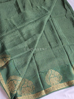 Load image into Gallery viewer, Blended Viscose Chinnon Silk Saree x Checkered x Elephant Border : Dark Fern Green
