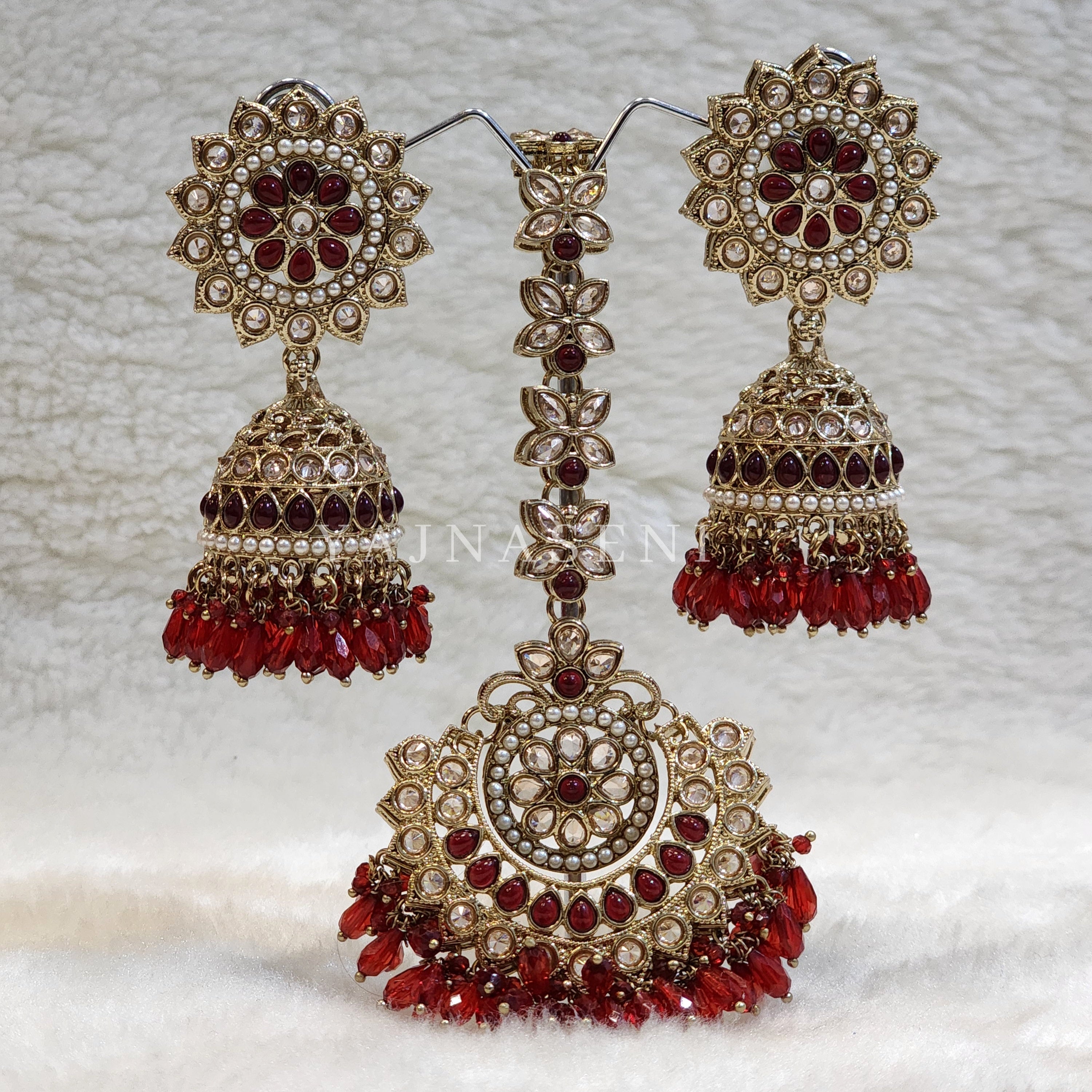 DHEERA earrings + tikka (Deep Red)