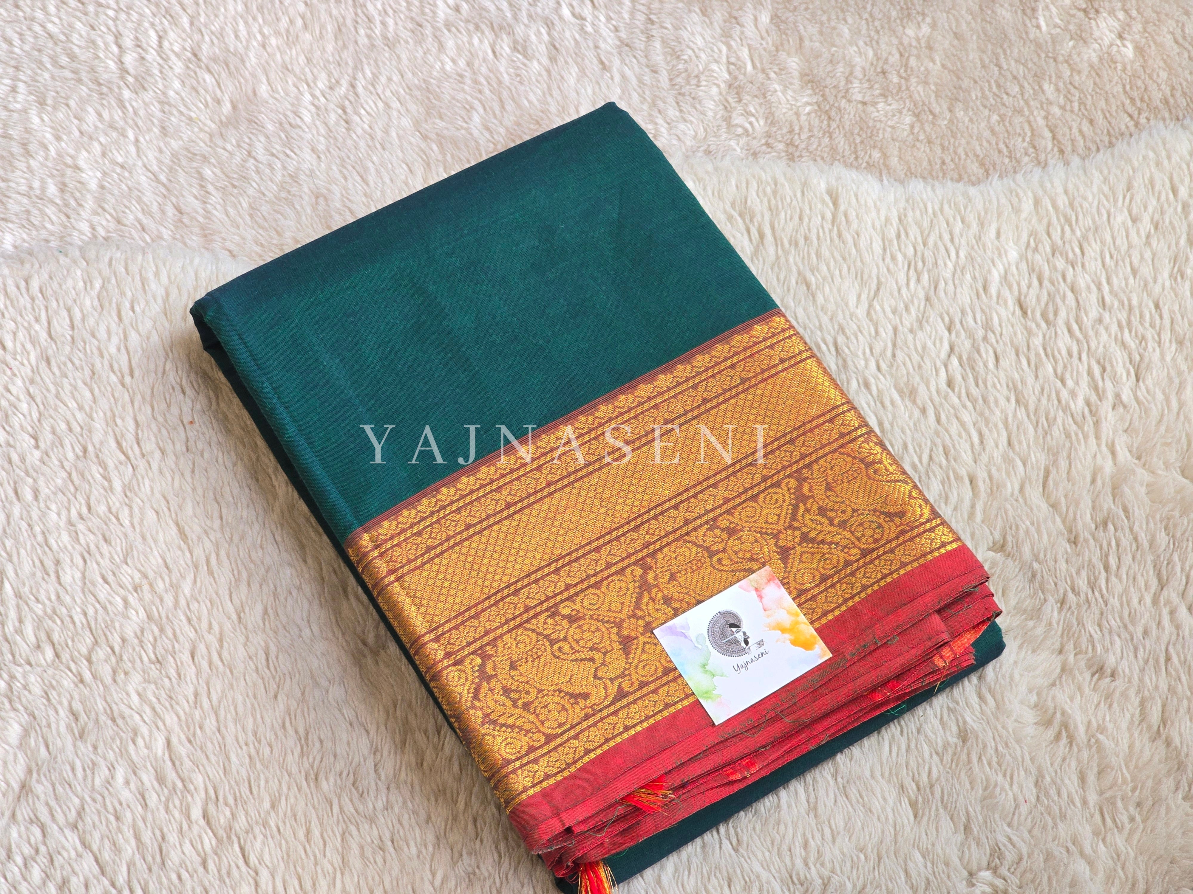 Kanchi Cotton Saree : Green x Red