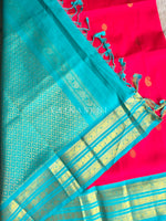 Load image into Gallery viewer, Handloom Kanchipuram Silk Cotton Saree x Korvai x Motifs : Hot Pink x Dark Turquoise
