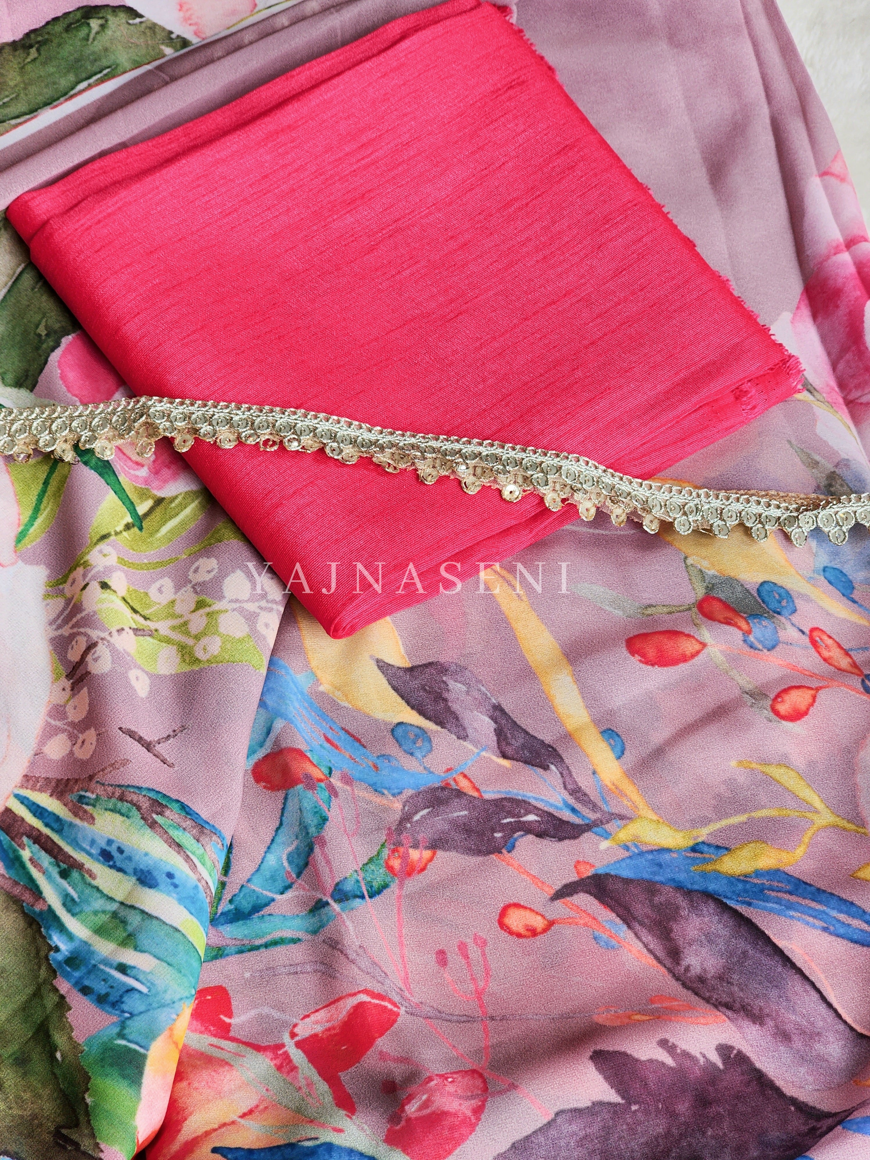 Floral x Georgette Saree - Old Rose