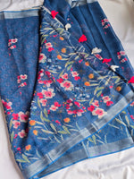 Load image into Gallery viewer, Printed Linen Cotton Saree x Silver Zari Border : Denim Blue
