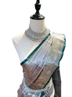 Load image into Gallery viewer, Semi Silk x Light Gold Zari Saree - Blue Grey x Green
