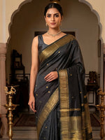Load image into Gallery viewer, Maheswari Series : Kalyani Cotton Saree - Gold Zari : Black

