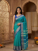 Load image into Gallery viewer, Narayanpet Mercerised Cotton Saree x Tall border : Peacock x Blue
