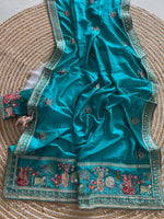 Load image into Gallery viewer, Semi Vichitra Silk Saree x Embroidery x Sequins : Turquoise
