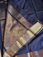 Load image into Gallery viewer, Minimalist Semi Silk Saree x Gold Zari - Dark Blue
