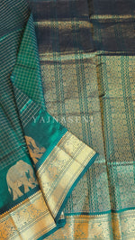 Load image into Gallery viewer, Elephant Border x Kattam Silk Cotton Saree : Dark Green
