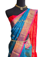 Load image into Gallery viewer, Vairaoosi x Handloom Kanchipuram Silk Cotton Saree : Dark Cerulean x Red
