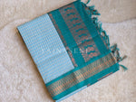 Load image into Gallery viewer, Kalyani Cotton Saree (checkered) - Copper Zari : Ashblue x Teal
