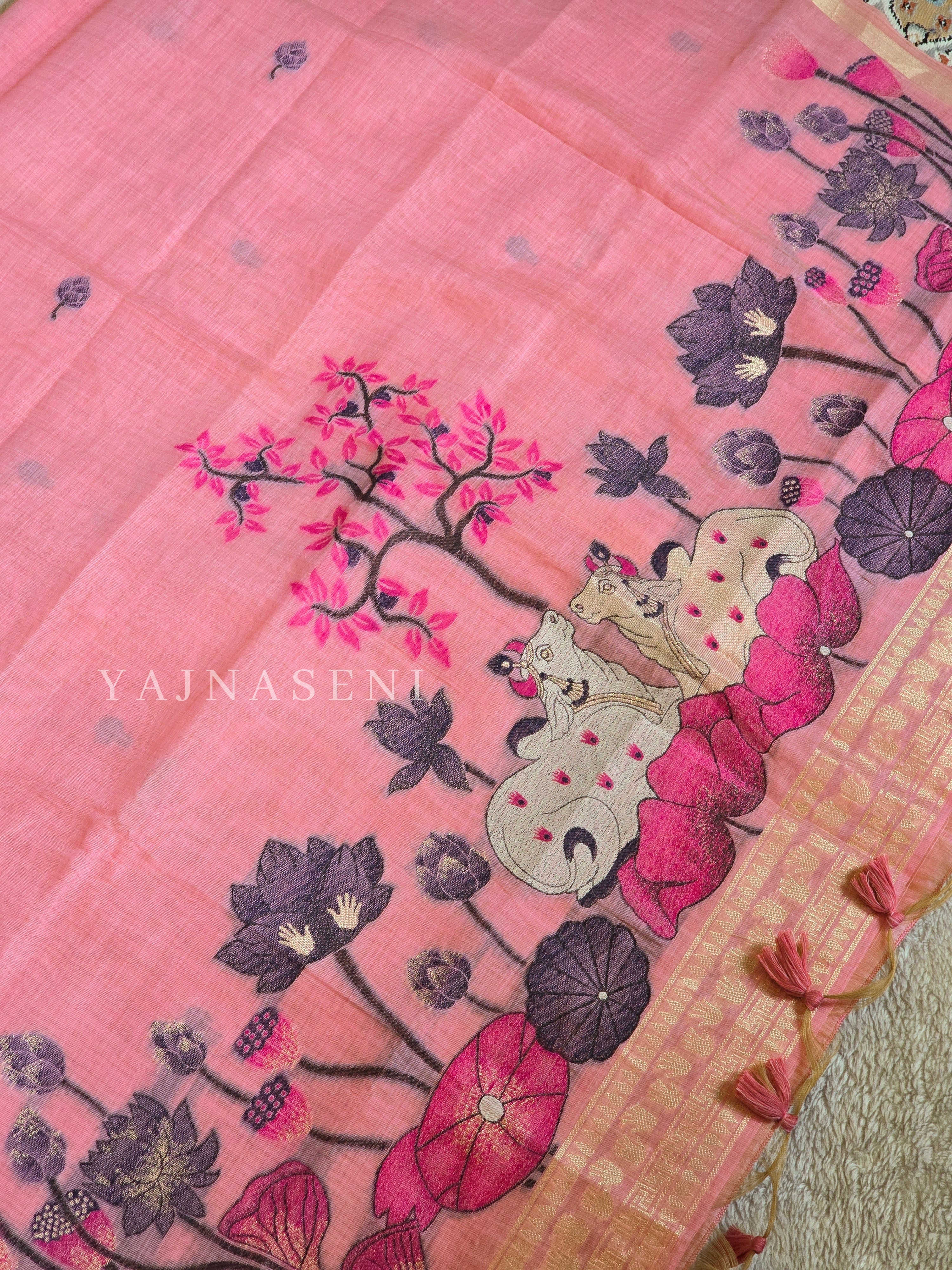 Linen Cotton Saree x Pichwai Tales - Pink
