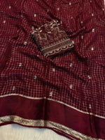 Load image into Gallery viewer, Checkered Viscose Georgette Saree x Embroidered Elephant Blouse : Deep Maroon
