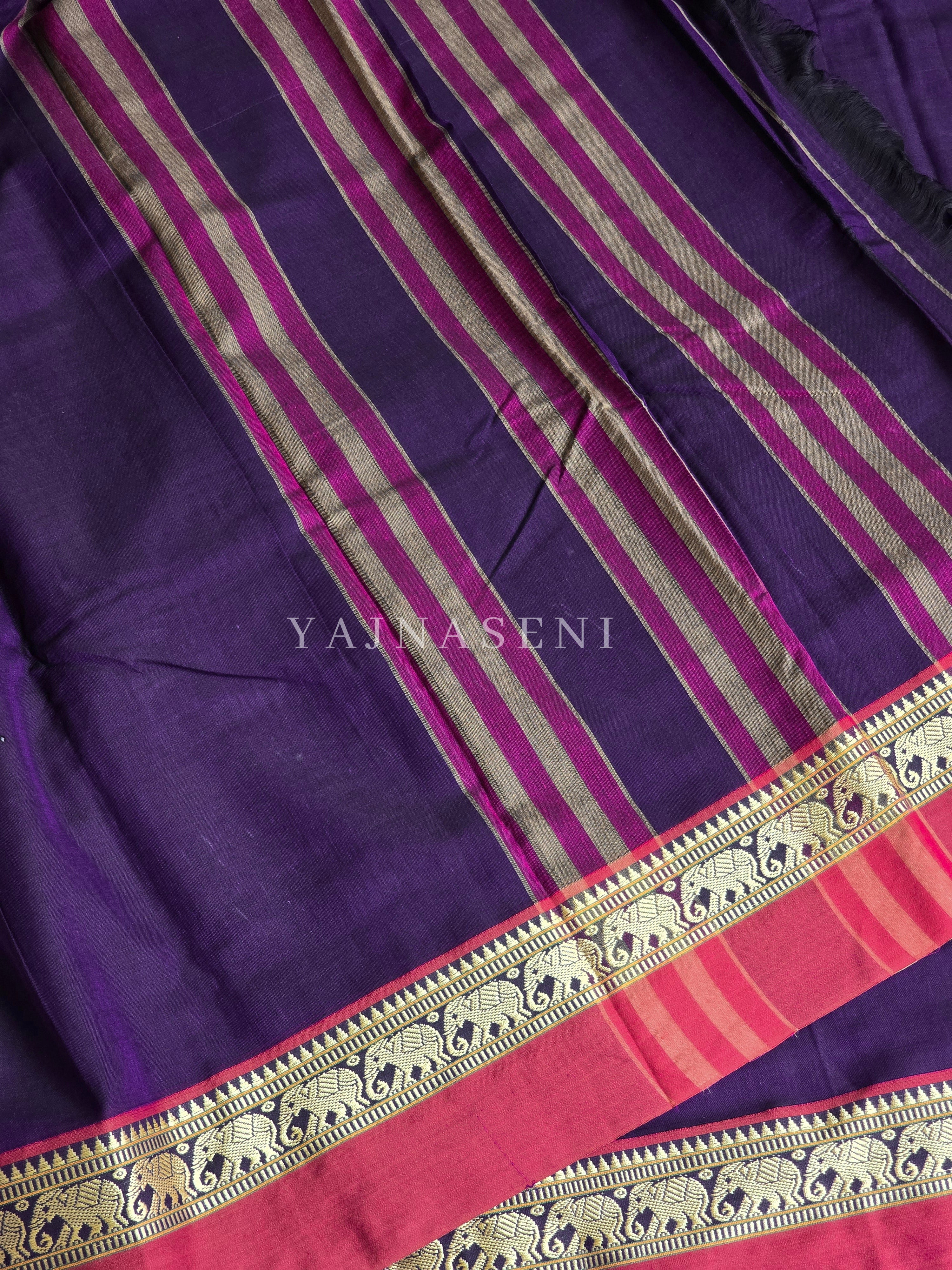 Narayanpet Mercerised Cotton Saree : Dark Purple x Rani