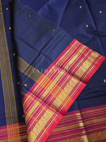 Load image into Gallery viewer, Kanchi Cotton Saree x Ganga-Jamuna Border : Dark Blue x Mulberry x Brown
