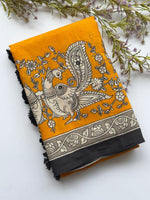 Load image into Gallery viewer, Cotton Linen Saree x Kalamkari Prints x Foil Mirrors : Dark Yellow x Black
