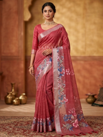 Load image into Gallery viewer, Printed Linen Cotton Saree x Silver Zari Border : Rose Taupe
