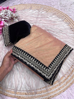 Load image into Gallery viewer, Tissue saree x Velvet Lace Border x Blouse - Peach
