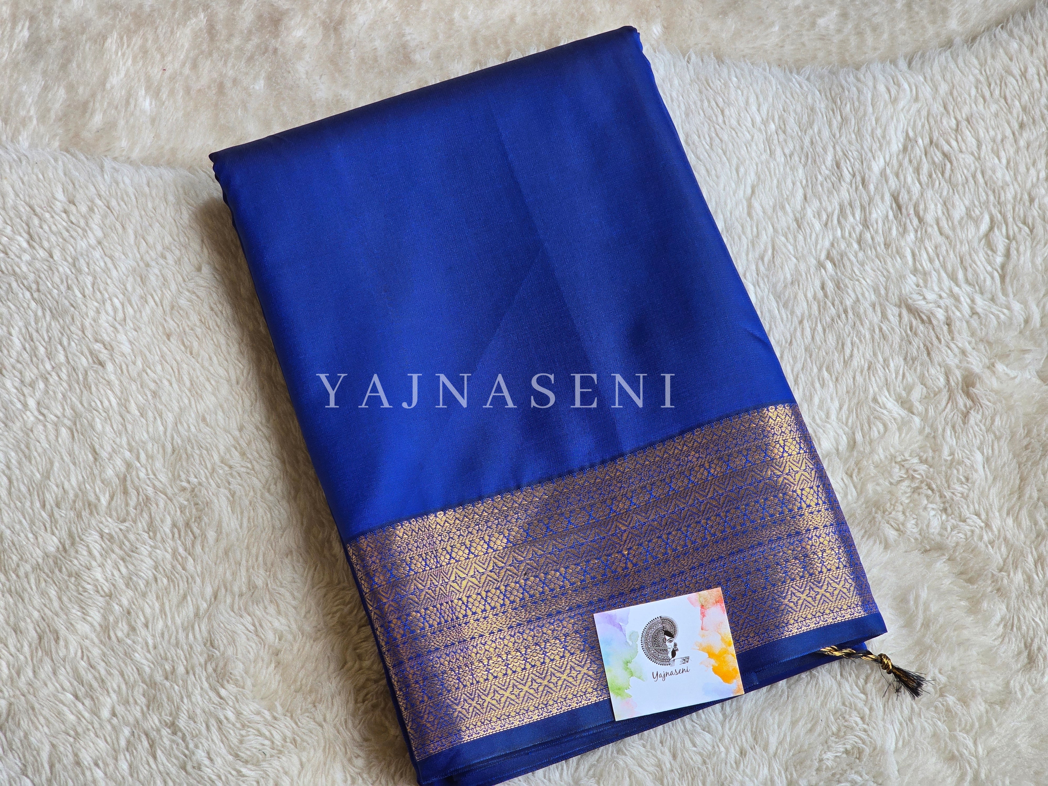 Minimalist Semi Silk Saree x Gold Zari - Royal Blue