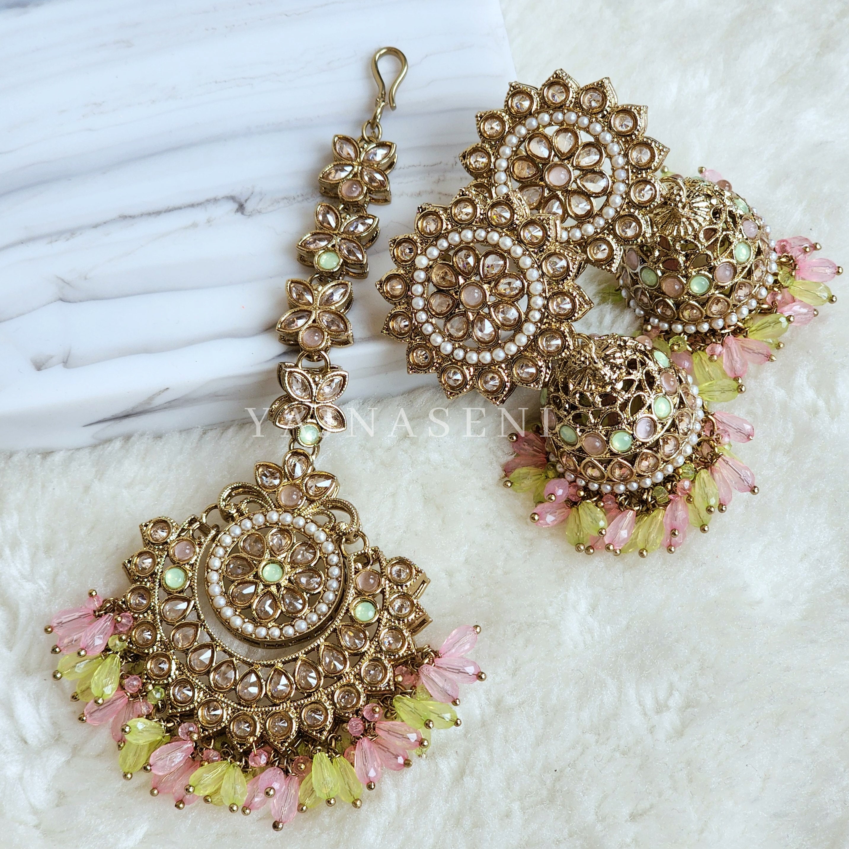DHEERA earrings + tikka (Mint x Pink)